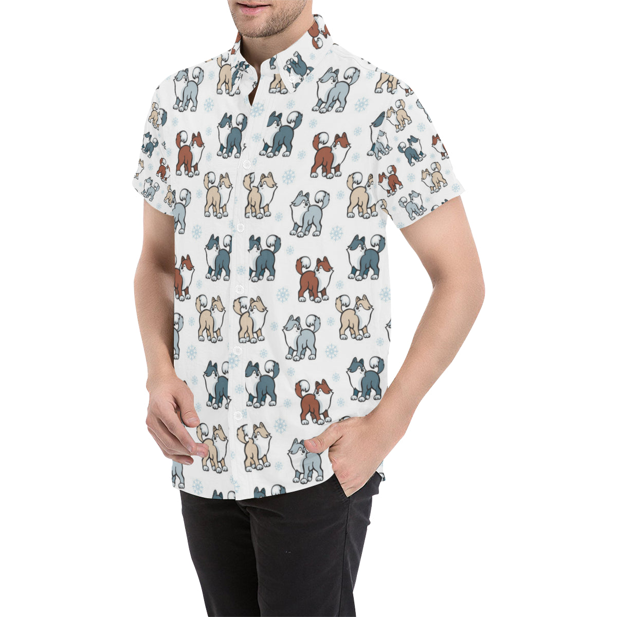 Alaskan Malamute Pattern Print Design 02 Men's Short Sleeve Button Up Shirt
