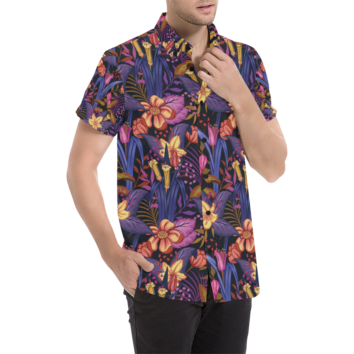 Lily Pattern Print Design LY016 Men's Short Sleeve Button Up Shirt