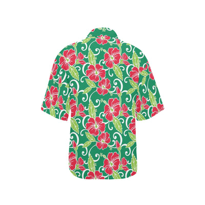 Red Hibiscus Pattern Print Design HB019 Women's Hawaiian Shirt