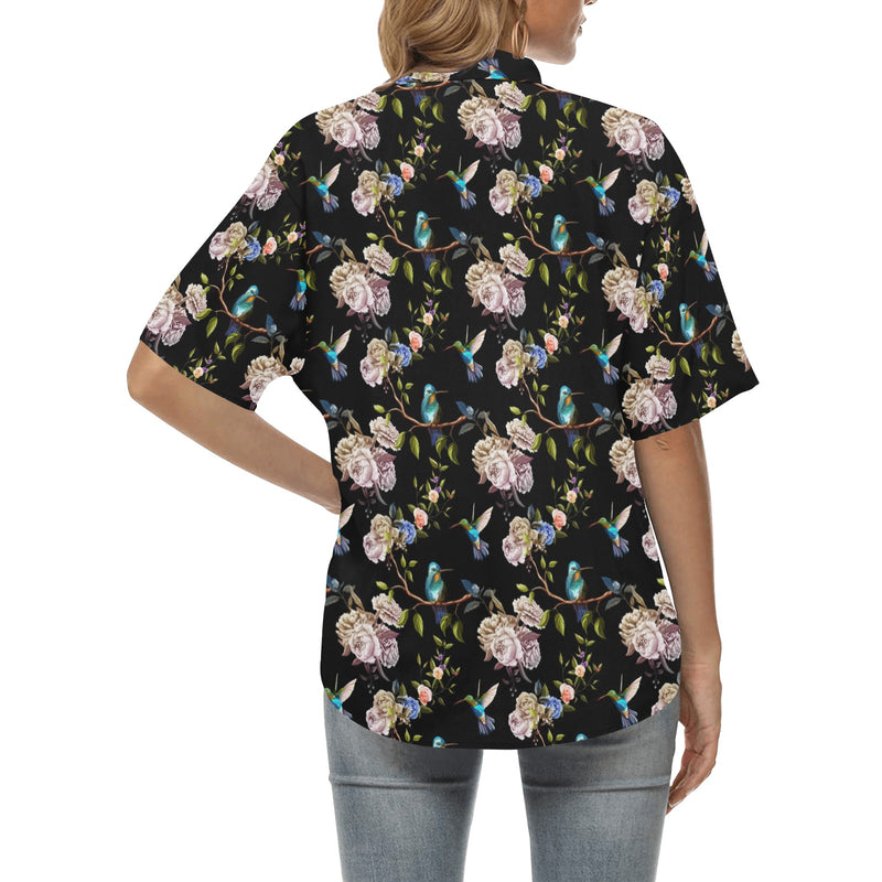 Hummingbird Flower Themed Print Women's Hawaiian Shirt