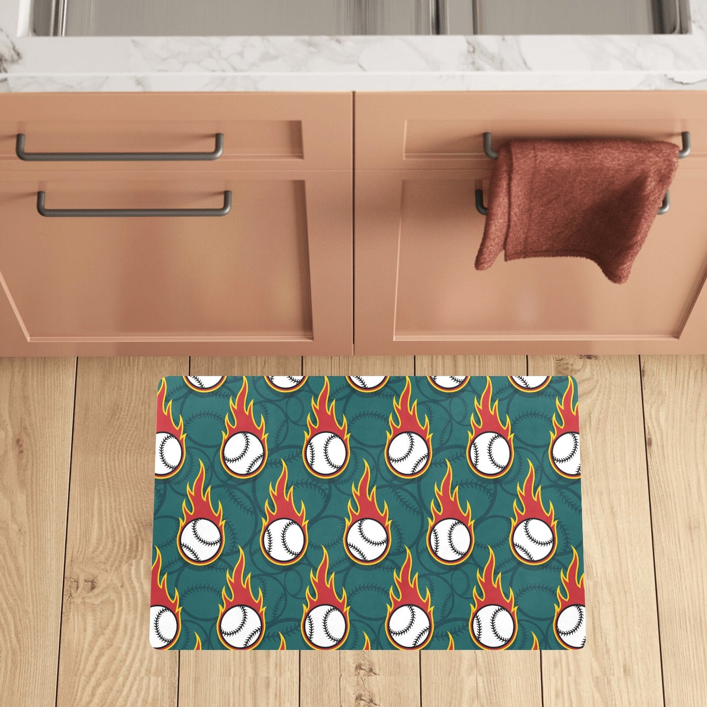 Baseball Fire Print Pattern Kitchen Mat