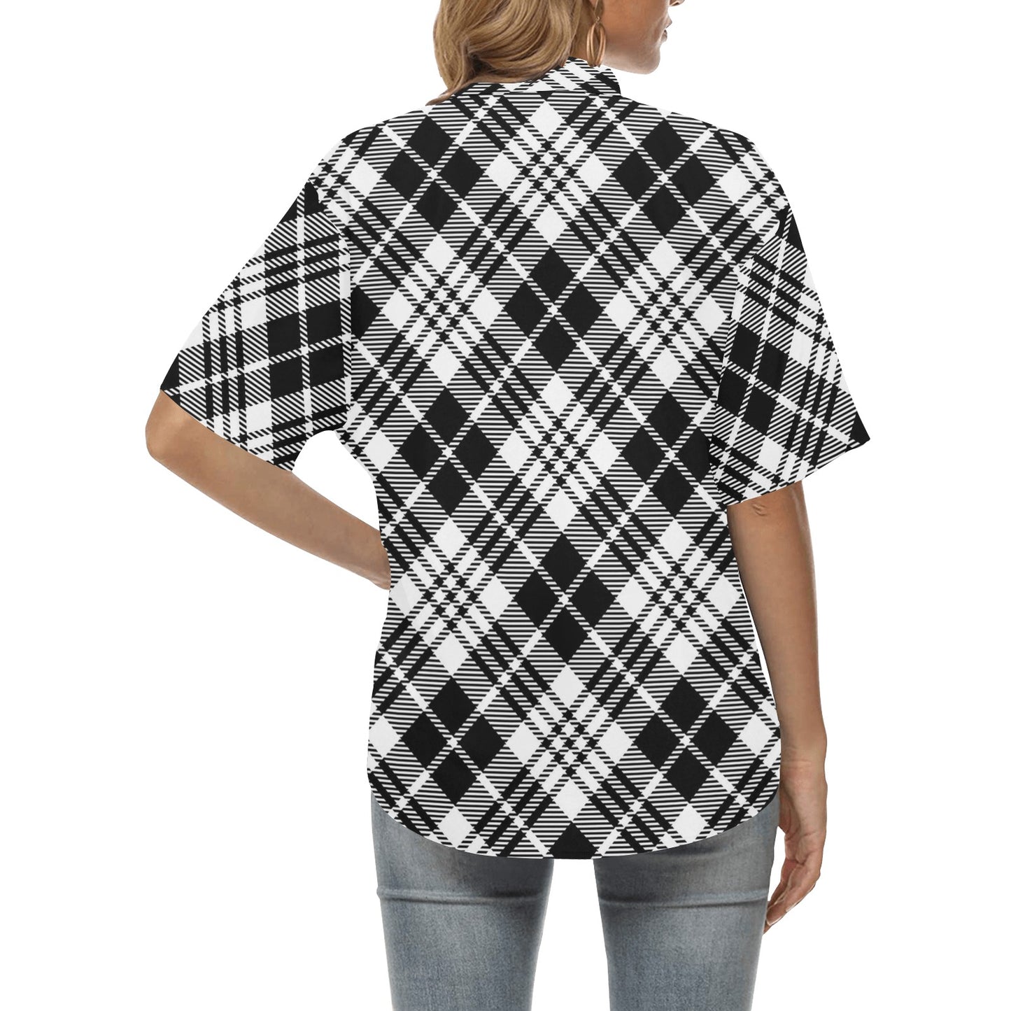 Plaid Black White Pattern Print Design A02 Women's Hawaiian Shirt