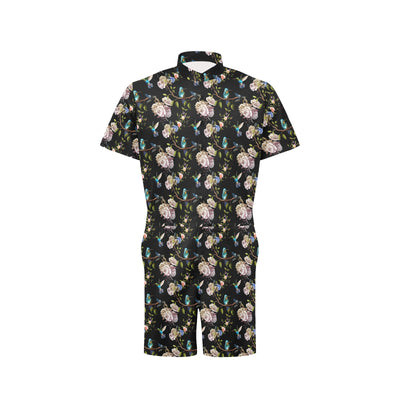 Hummingbird Flower Themed Print Men's Romper