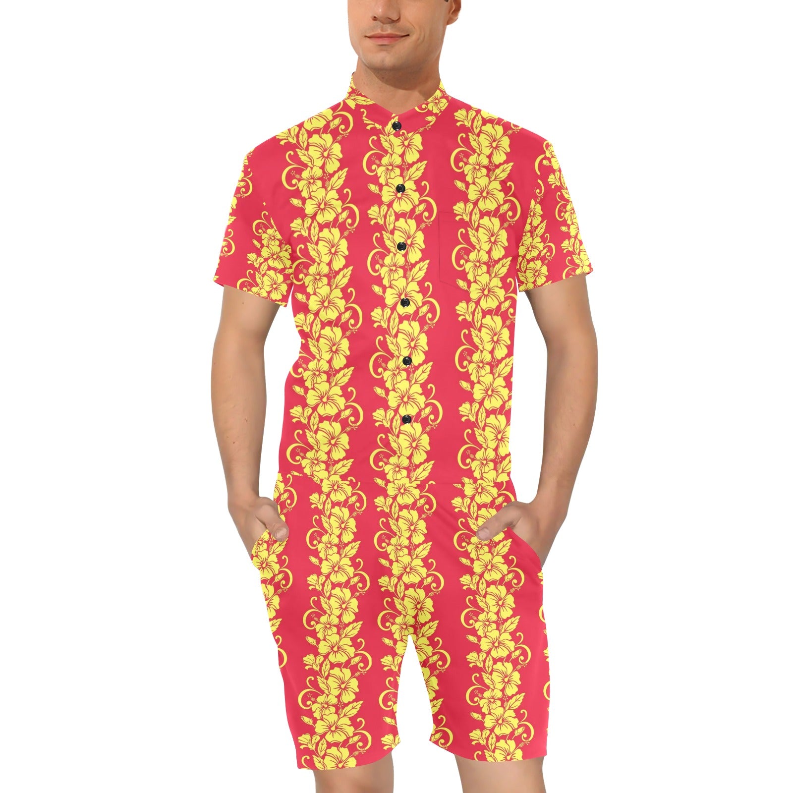 Orange Hibiscus Pattern Print Design HB018 Men's Romper