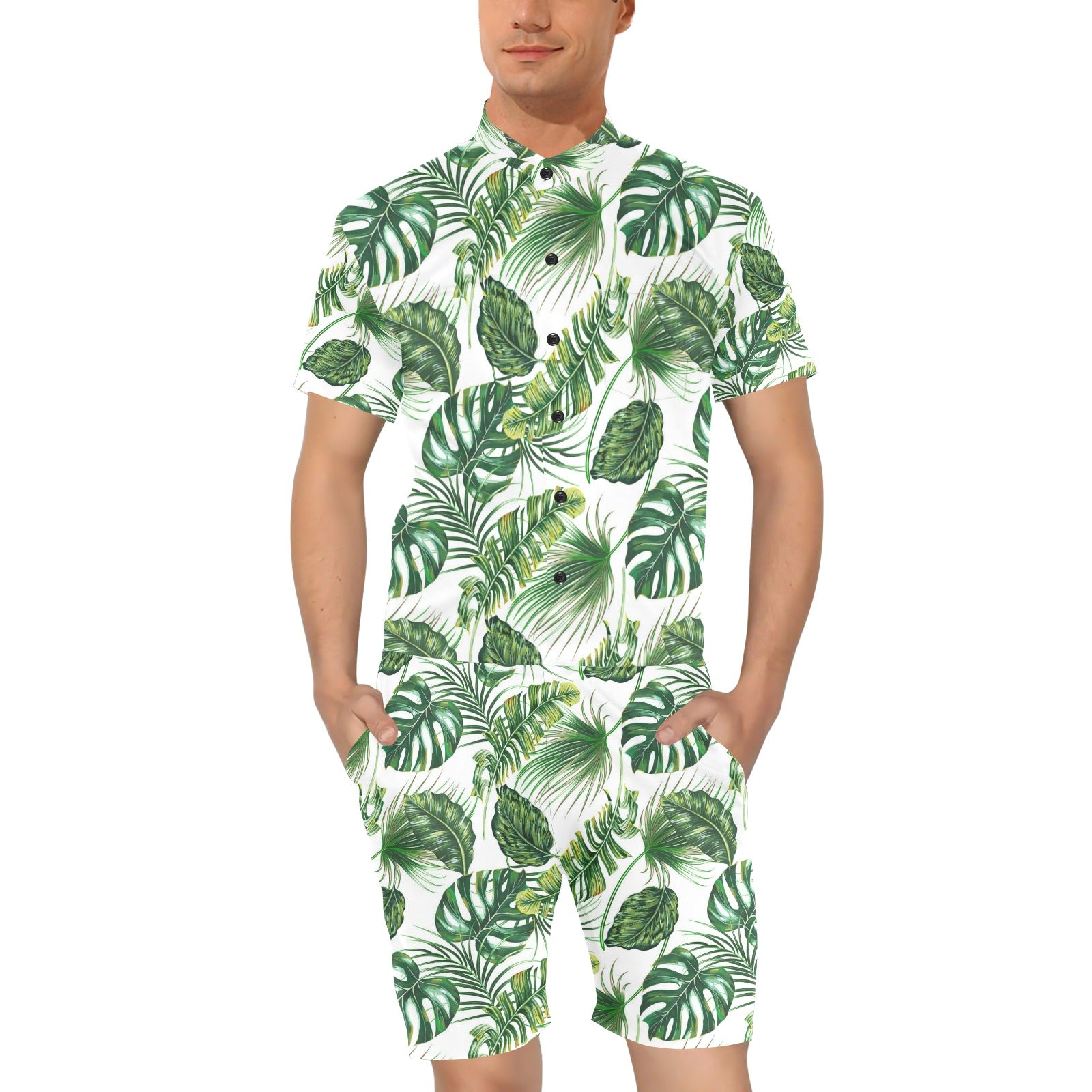 Green Pattern Tropical Palm Leaves Men's Romper