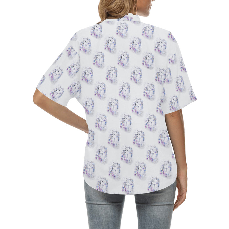 Wolf with Flower Print Design Women's Hawaiian Shirt