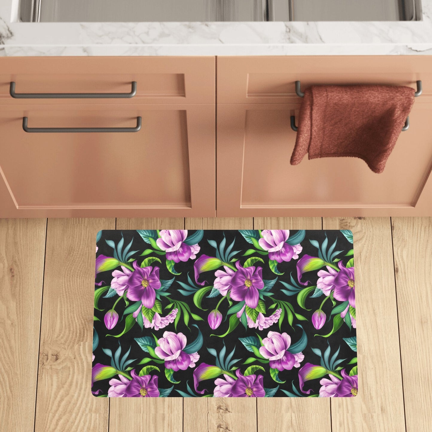 Bright Purple Floral Pattern Kitchen Mat