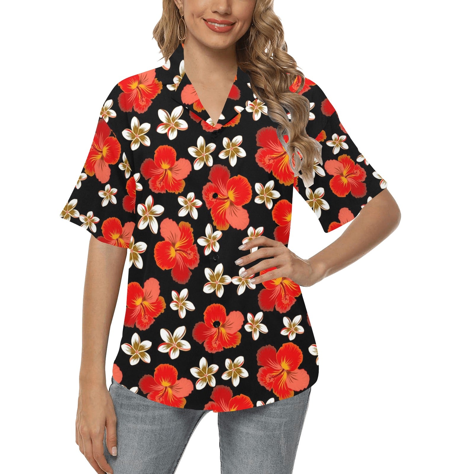 Red Hibiscus Pattern Print Design HB022 Women's Hawaiian Shirt