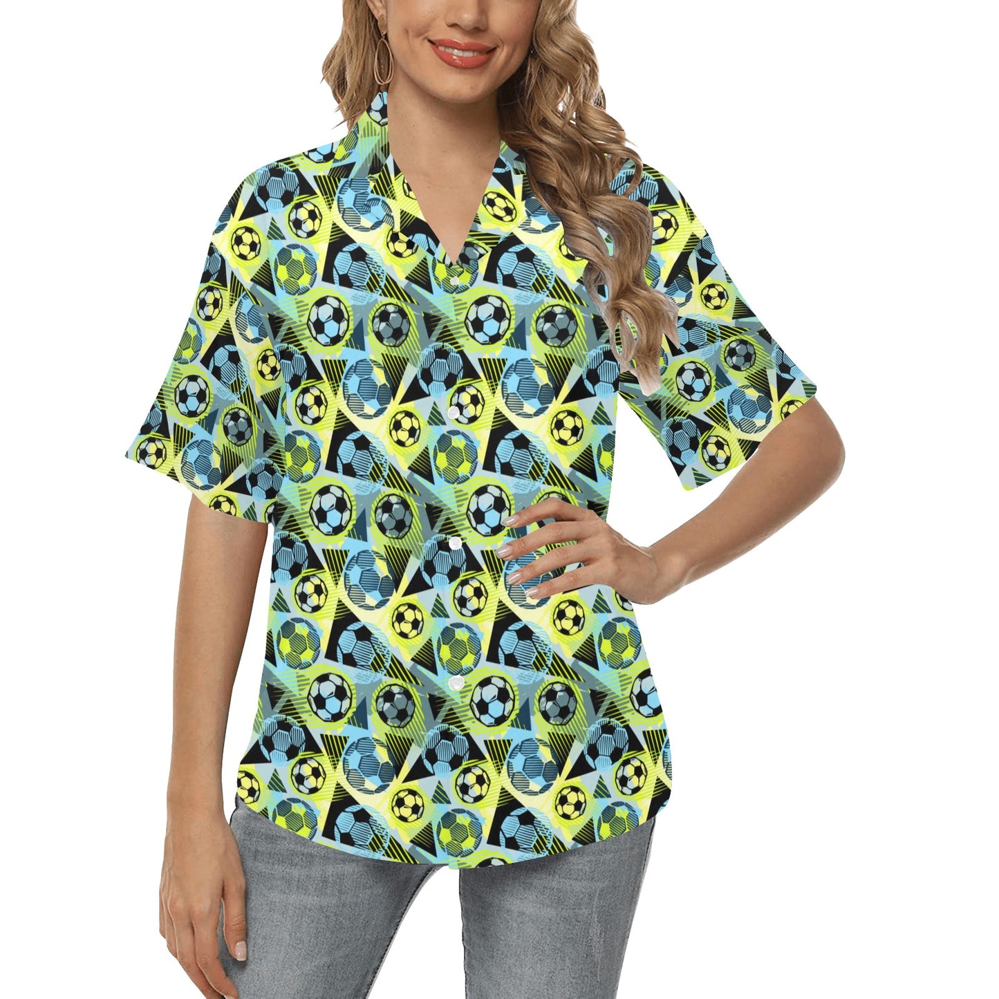 Soccer Ball Themed Print Design Women's Hawaiian Shirt