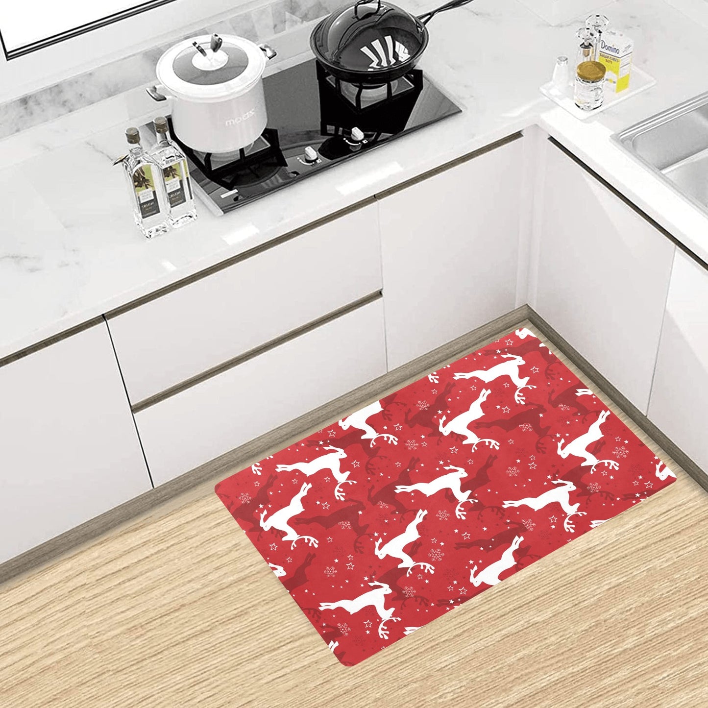 Reindeer Red Pattern Print Design 01 Kitchen Mat