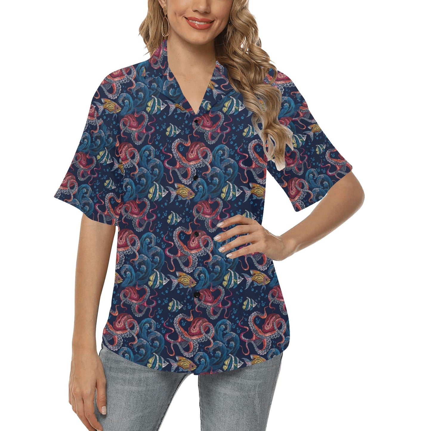Octopus Deep Sea Print Themed Women's Hawaiian Shirt