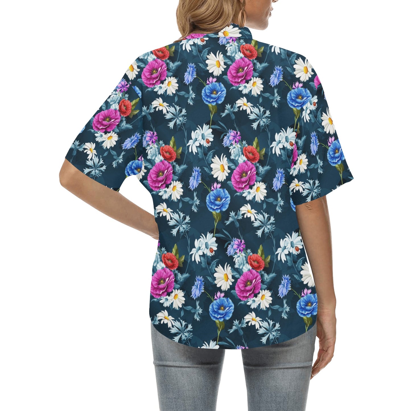 Floral Blue Themed Print Women's Hawaiian Shirt