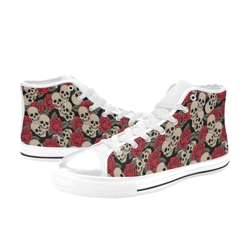Skull And Roses Print Design LKS301 High Top Women's White Shoes