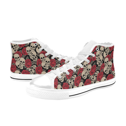 Skull And Roses Print Design LKS301 High Top Women's White Shoes