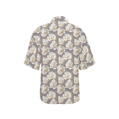 Elegant Grey Flower Print Women's Hawaiian Shirt