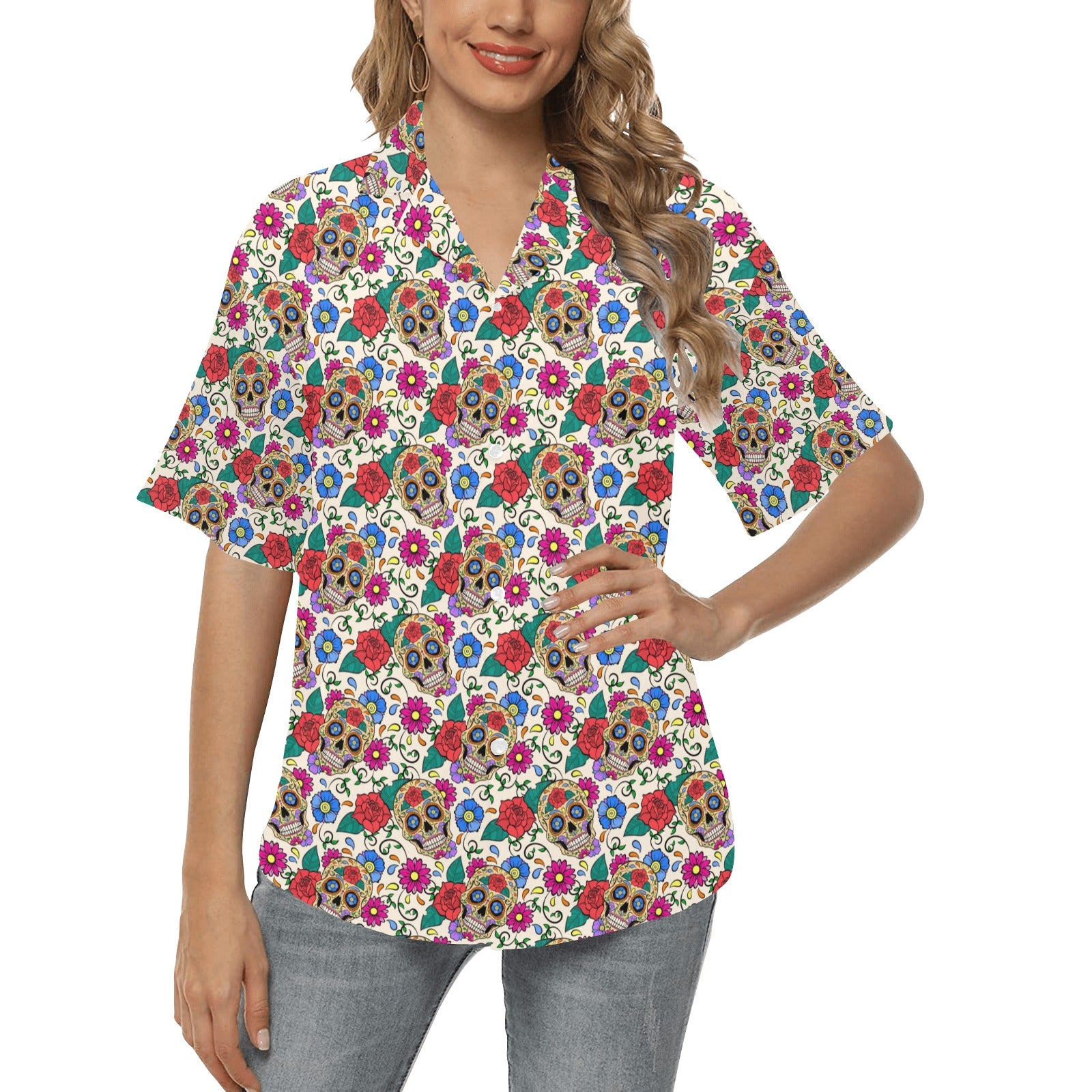 Sugar Skull Colorful Themed Print Women's Hawaiian Shirt