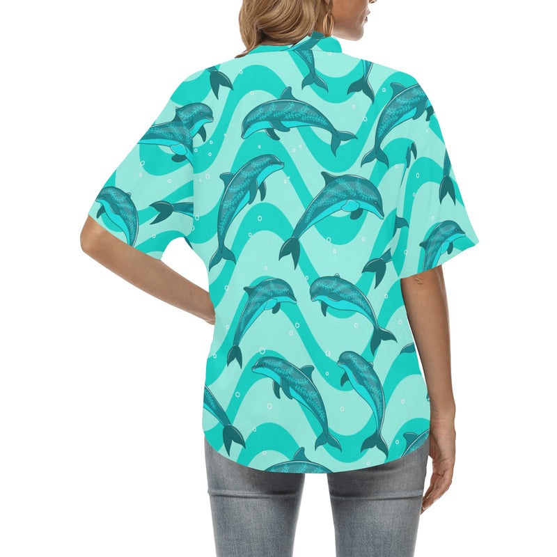 Dolphin Wave Print Women's Hawaiian Shirt