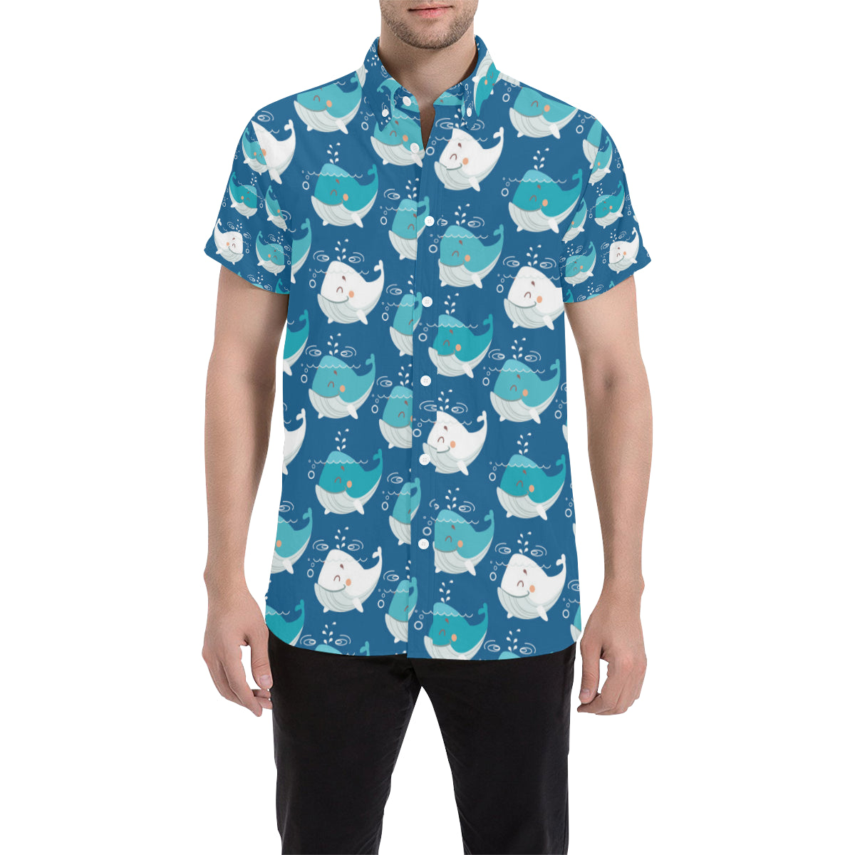Blue Whale Pattern Print Design 01 Men's Short Sleeve Button Up Shirt