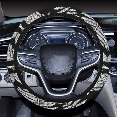 Fern Leave Black White Print Pattern Steering Wheel Cover with Elastic Edge