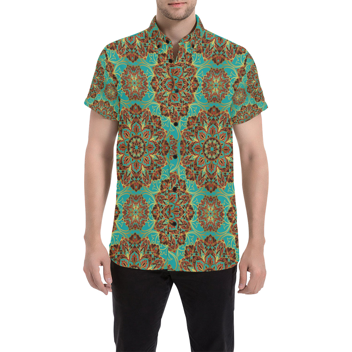 Medallion Pattern Print Design 02 Men's Short Sleeve Button Up Shirt