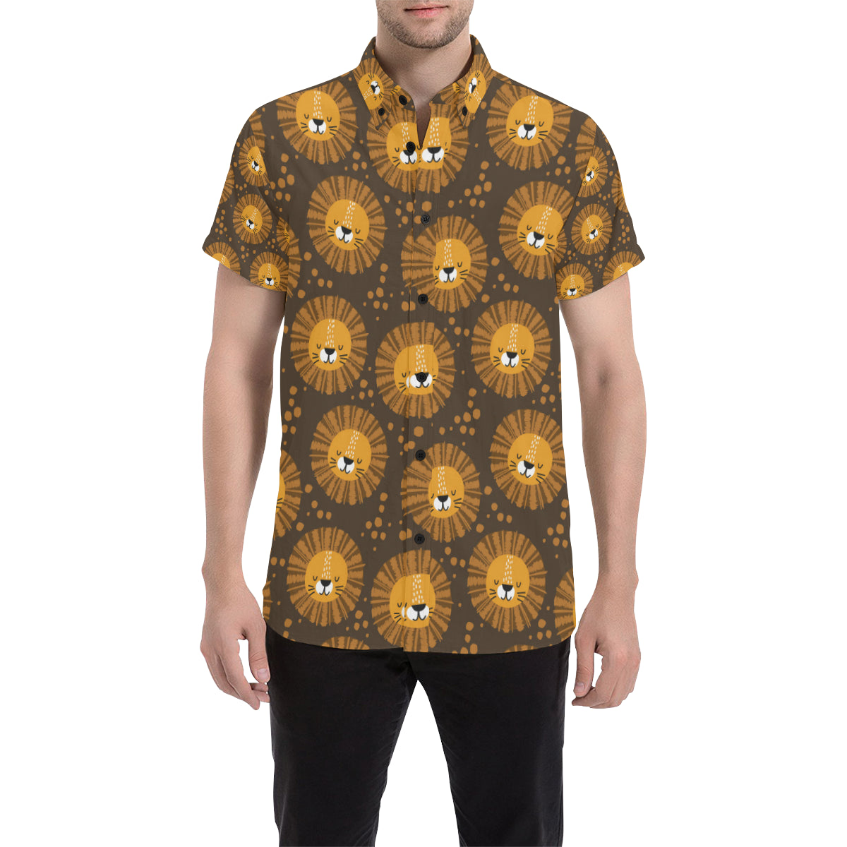 Lion Cartoon Pattern Print Design 01 Men's Short Sleeve Button Up Shirt