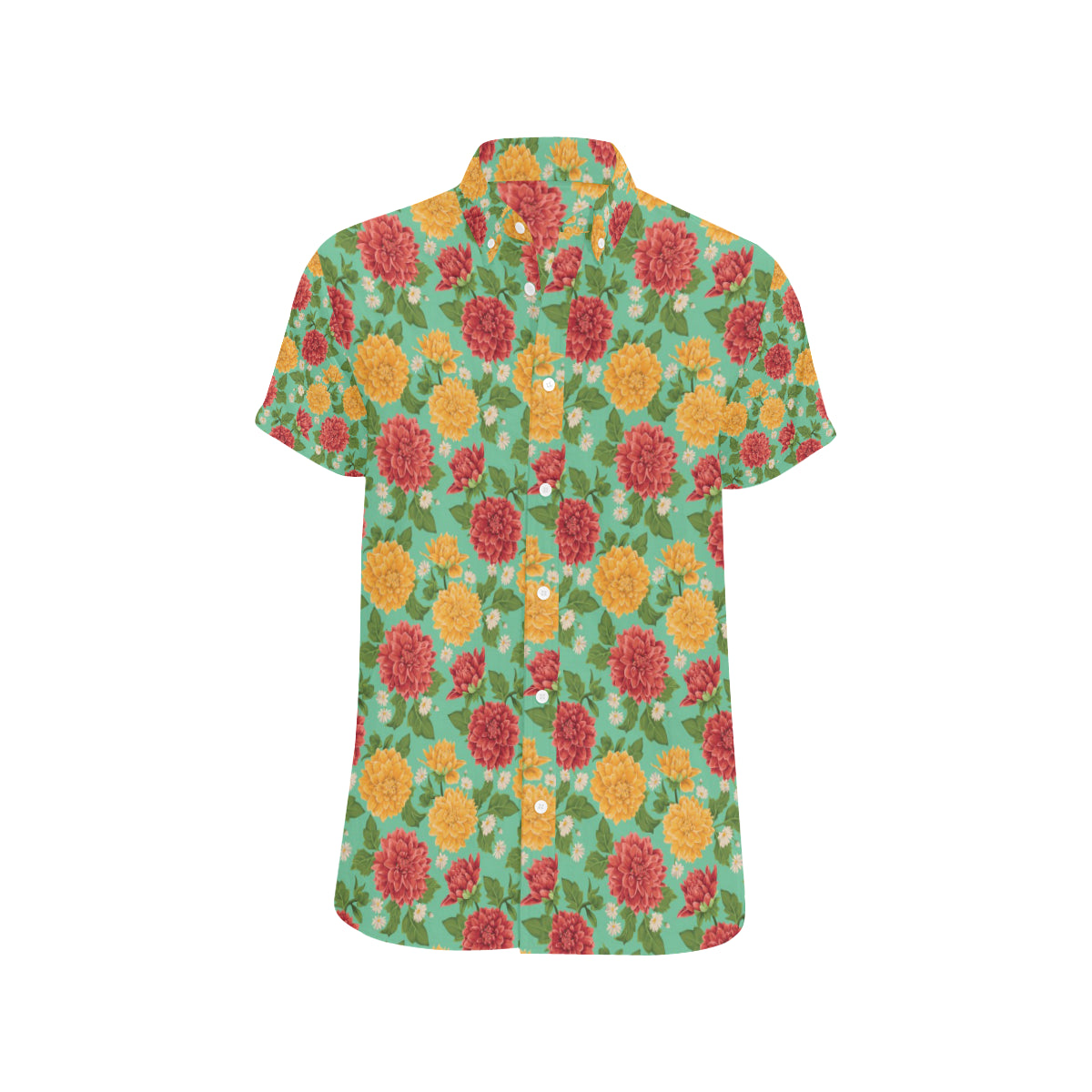 Dahlia Pattern Print Design DH011 Men's Short Sleeve Button Up Shirt