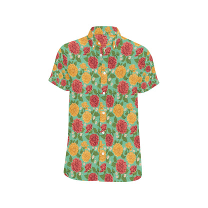 Dahlia Pattern Print Design DH011 Men's Short Sleeve Button Up Shirt