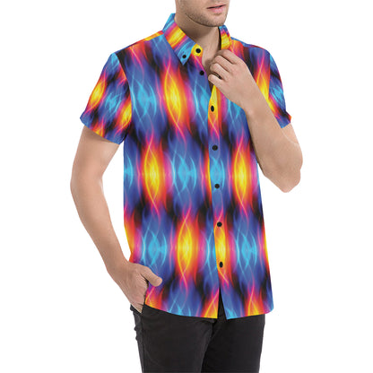 Flame Fire Blue Design Print Men's Short Sleeve Button Up Shirt