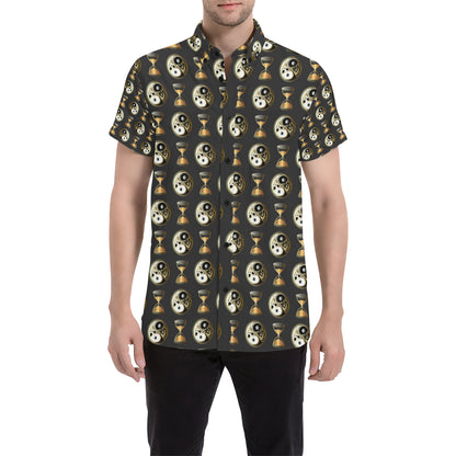 Yin Yang Skull Themed Design Print Men's Short Sleeve Button Up Shirt