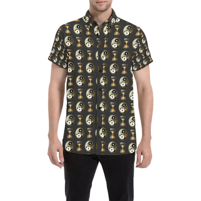 Yin Yang Skull Themed Design Print Men's Short Sleeve Button Up Shirt