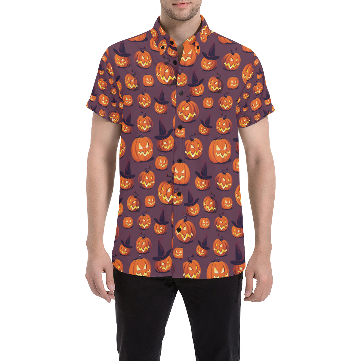 Halloween Pumpkin Pattern Print Design 03 Men's Short Sleeve Button Up Shirt