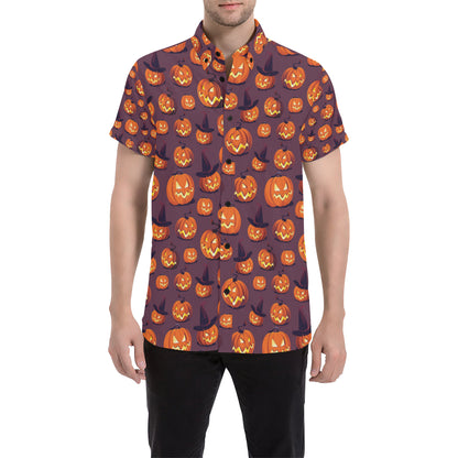 Halloween Pumpkin Pattern Print Design 03 Men's Short Sleeve Button Up Shirt