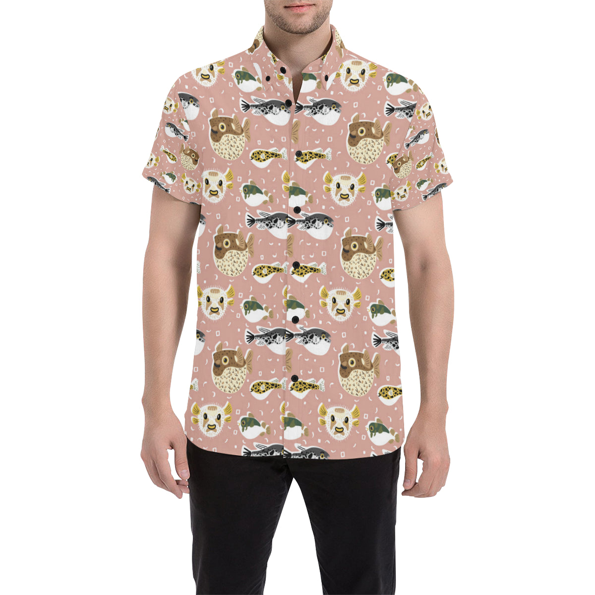 Fugu Cute Pattern Print Design 01 Men's Short Sleeve Button Up Shirt