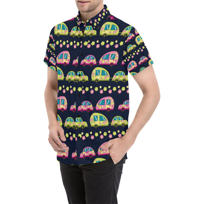 Camper Cute Camping Design No 3 Print Men's Short Sleeve Button Up Shirt