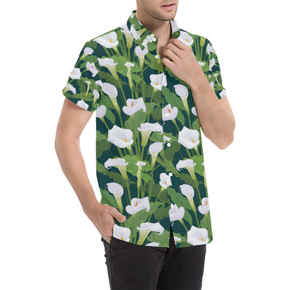 Lily Pattern Print Design 04 Men's Short Sleeve Button Up Shirt