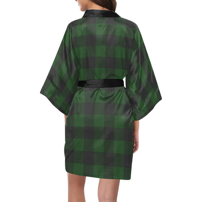 Buffalo check Green Pattern Print Design 02 Women's Short Kimono