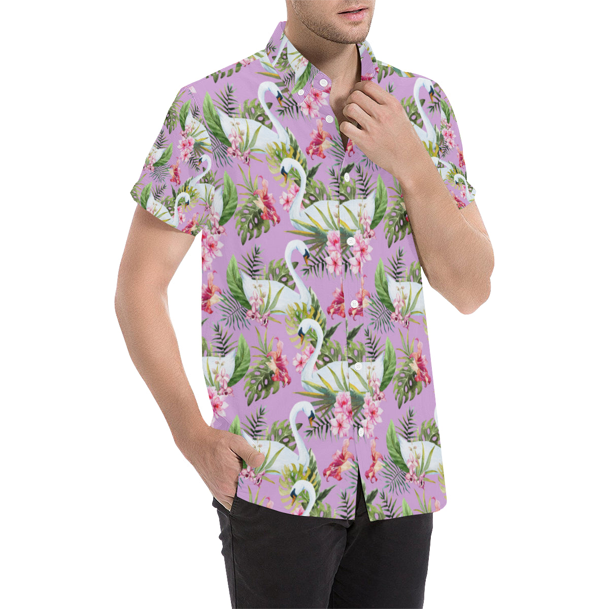 Swan with Flower Pattern Print Design 01 Men's Short Sleeve Button Up Shirt