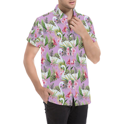Swan with Flower Pattern Print Design 01 Men's Short Sleeve Button Up Shirt