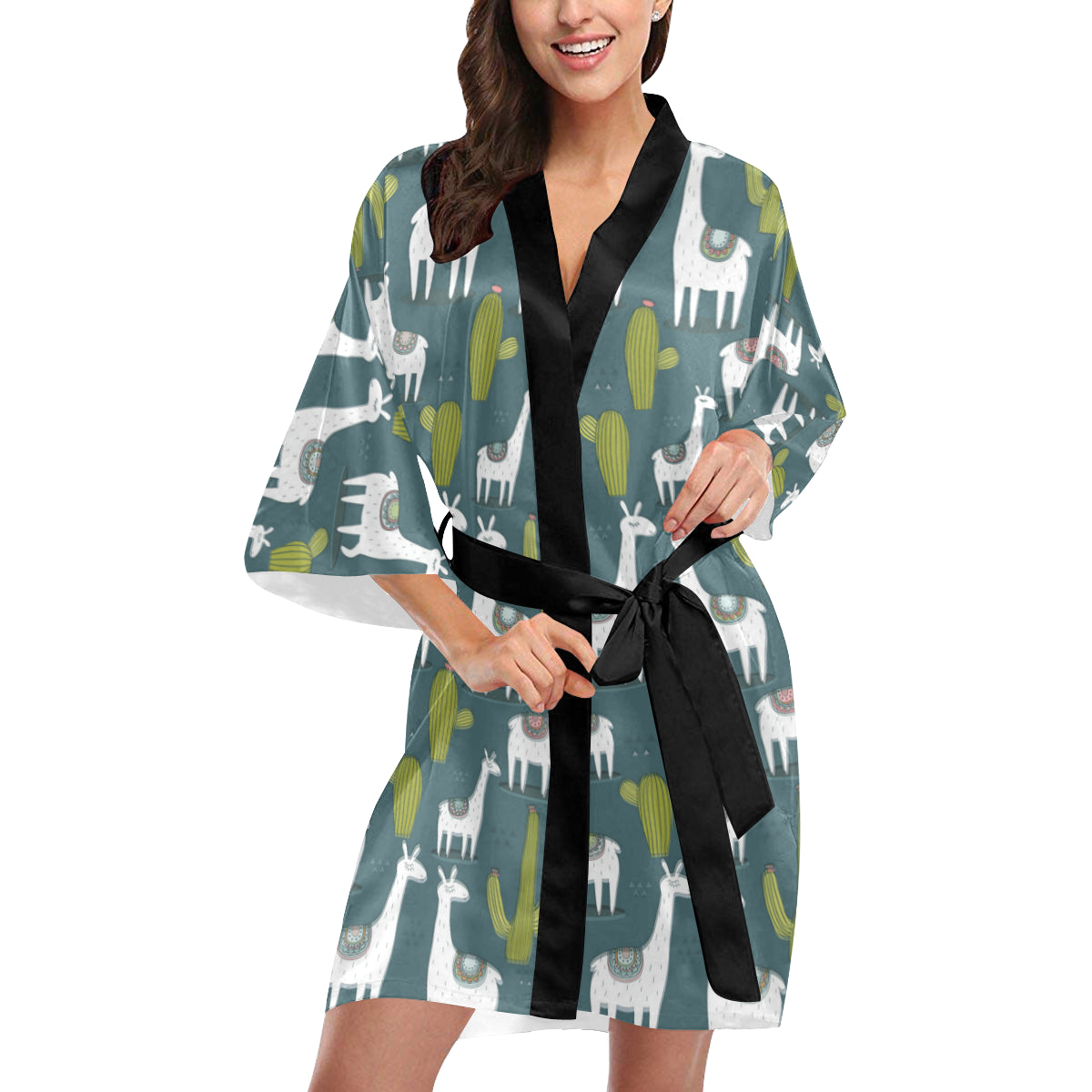 Llama Cactus Pattern Print Design 03 Women's Short Kimono