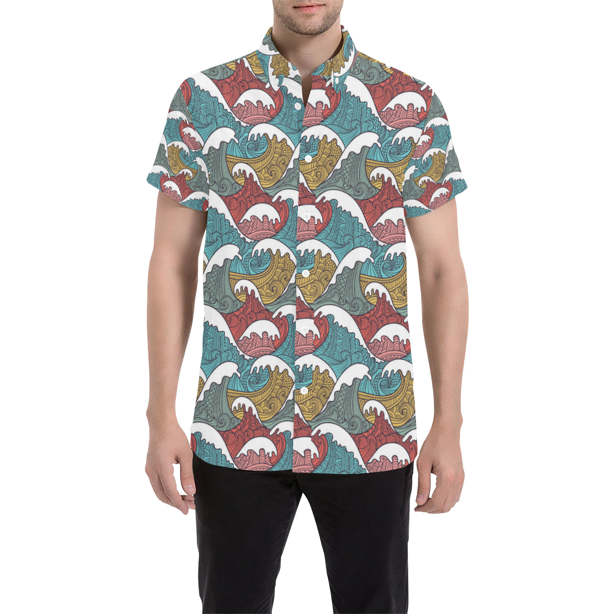 Tribal Wave Pattern Print Men's Short Sleeve Button Up Shirt