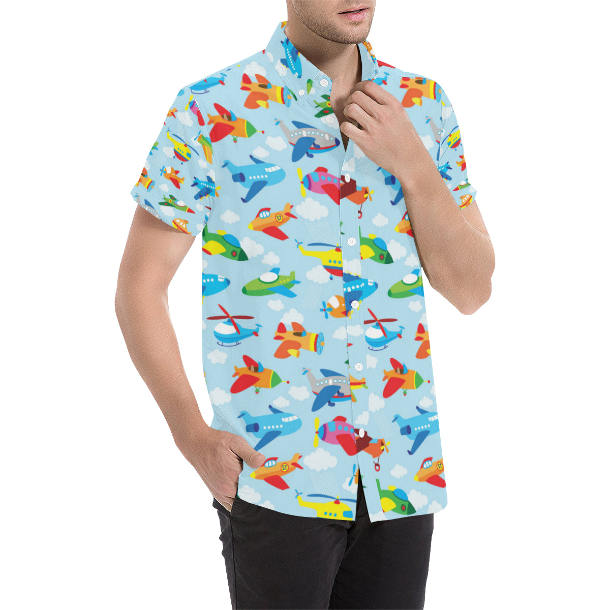 Airplane Colorful Pattern Print Design 01 Men's Short Sleeve Button Up Shirt