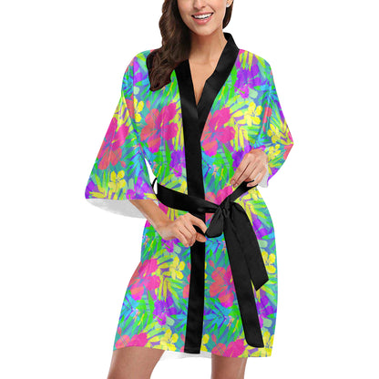 Neon Tropical Pattern Print Design A03 Women's Short Kimono