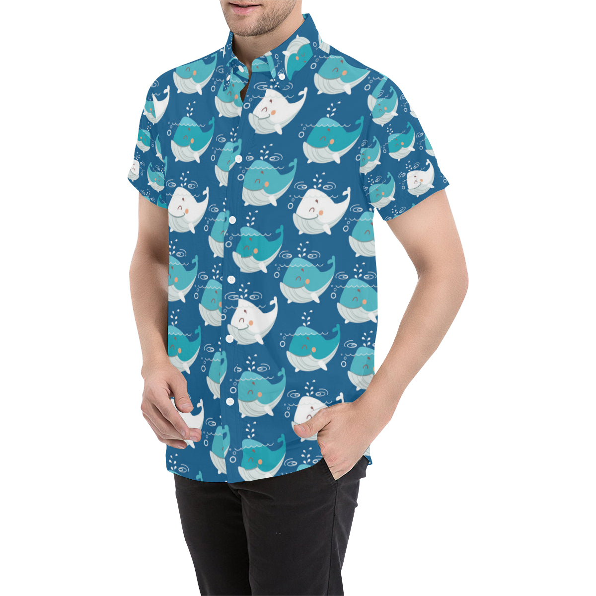 Blue Whale Pattern Print Design 01 Men's Short Sleeve Button Up Shirt