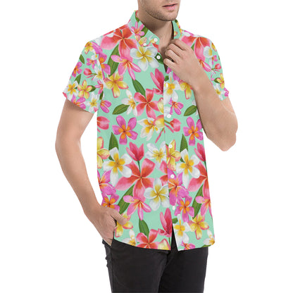 Plumeria Pattern Print Design PM014 Men's Short Sleeve Button Up Shirt