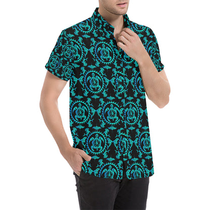 turquoise Tribal Sea Turtle Hawaiian Men's Short Sleeve Button Up Shirt