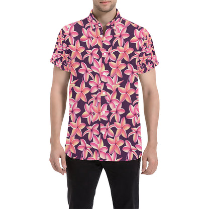 Purple Plumeria Pattern Print Design PM010 Men's Short Sleeve Button Up Shirt
