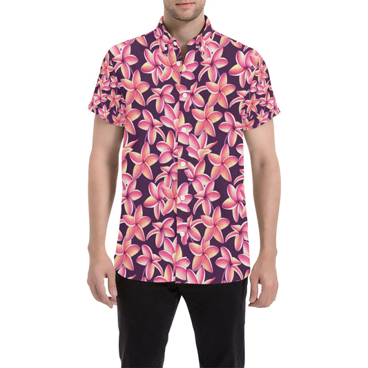 Purple Plumeria Pattern Print Design PM010 Men's Short Sleeve Button Up Shirt