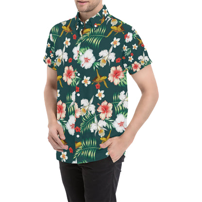 Hawaiian Flower Design with SeaTurtle Print Men's Short Sleeve Button Up Shirt