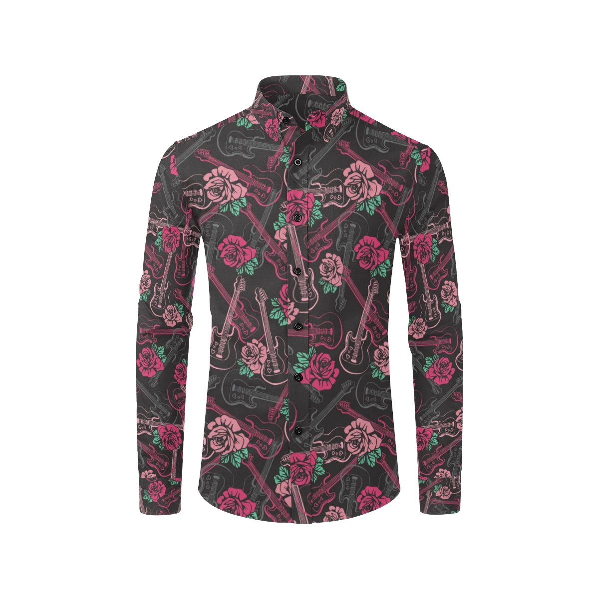 Bass Guitar Pink Rose Pattern Print Design 01 Men's Long Sleeve Shirt