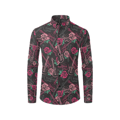 Bass Guitar Pink Rose Pattern Print Design 01 Men's Long Sleeve Shirt